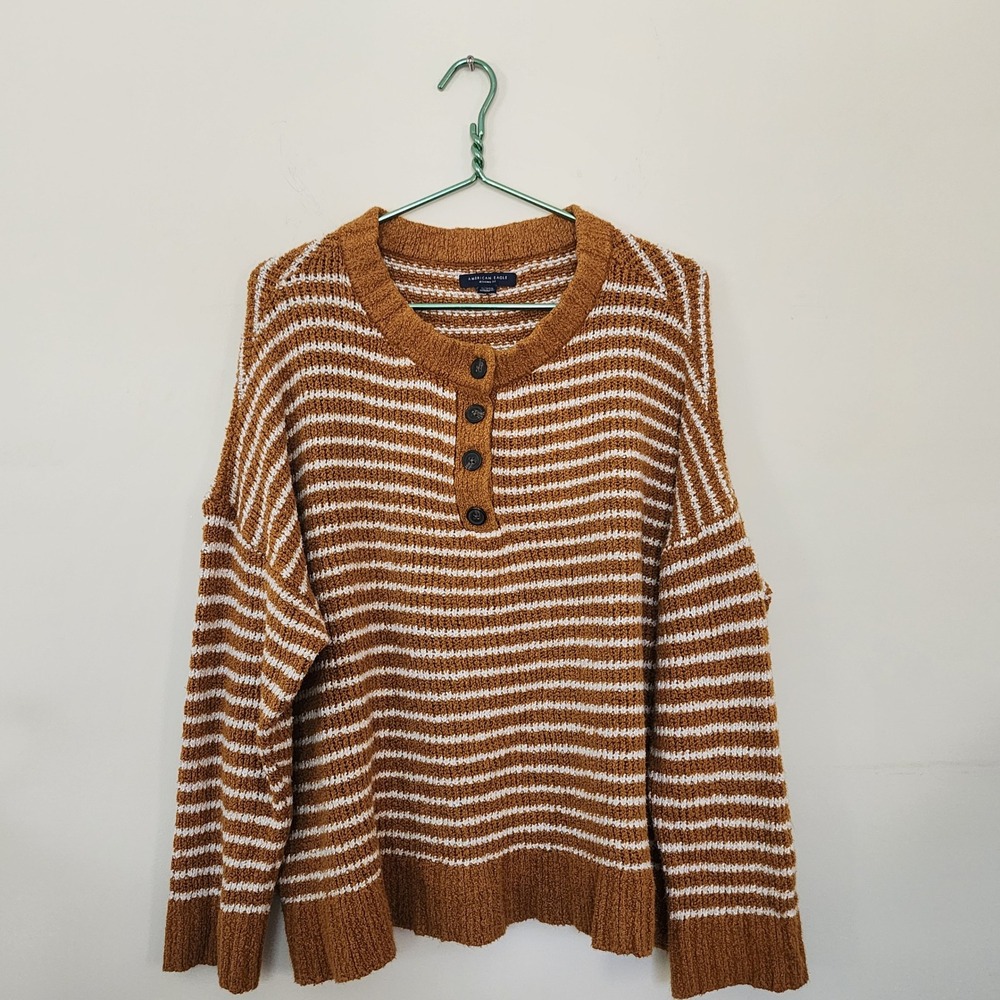 American Eagle Striped Henley Sweater XL Mustard Brown Fit Knit Kurt Cobain Fall